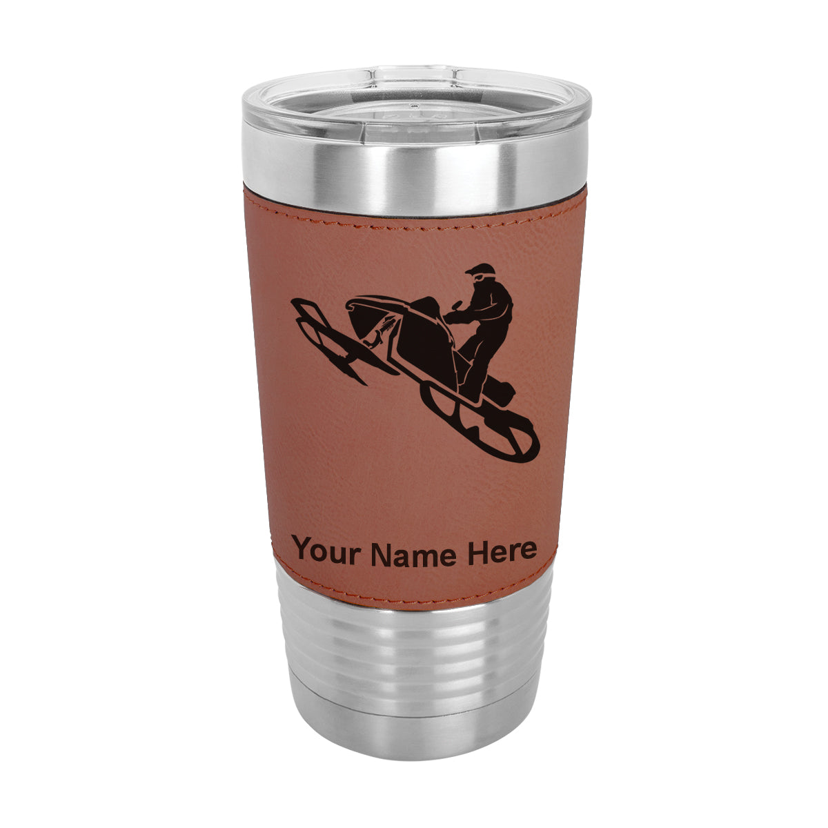 20oz Faux Leather Tumbler Mug, Snowmobile, Personalized Engraving Included - LaserGram Custom Engraved Gifts