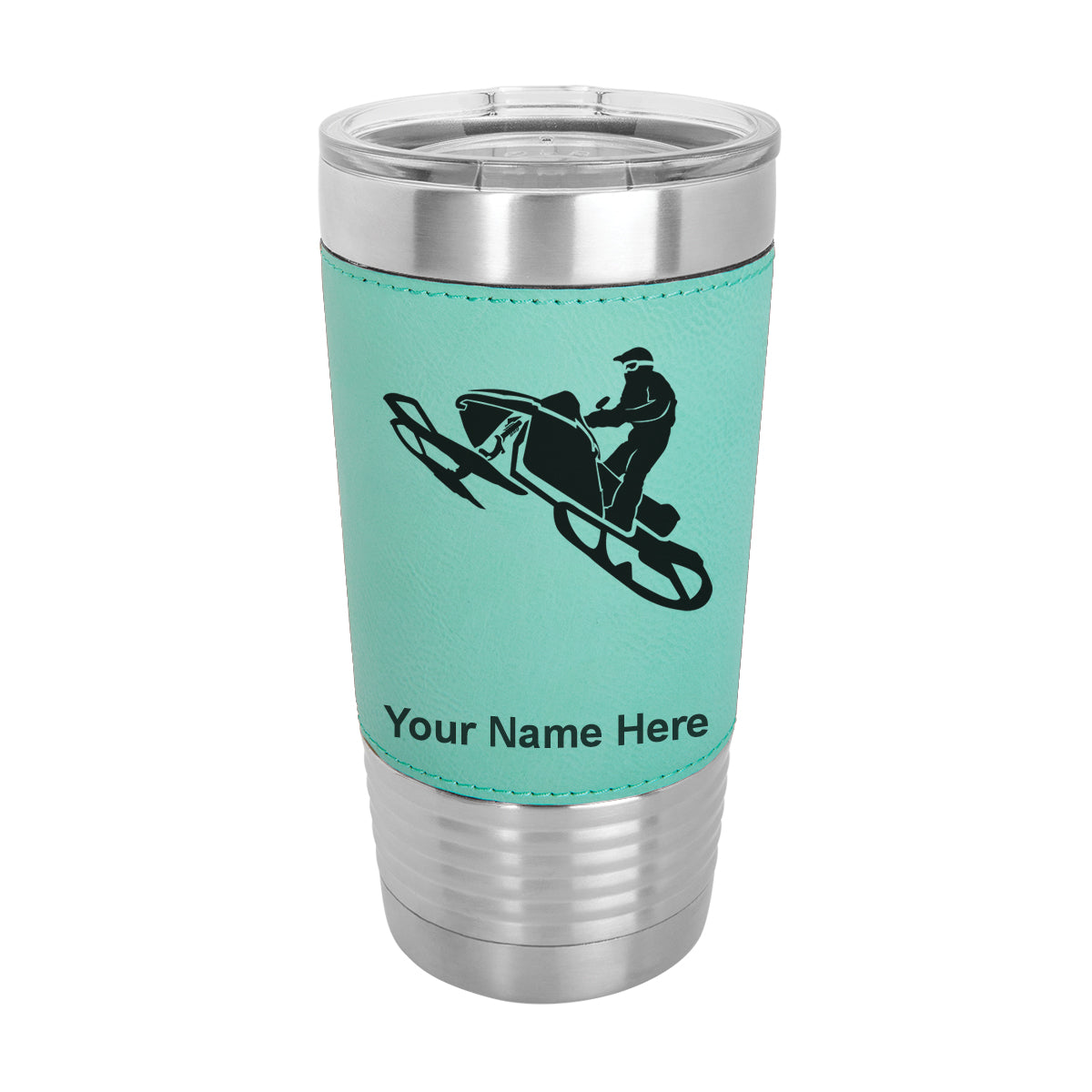 20oz Faux Leather Tumbler Mug, Snowmobile, Personalized Engraving Included - LaserGram Custom Engraved Gifts