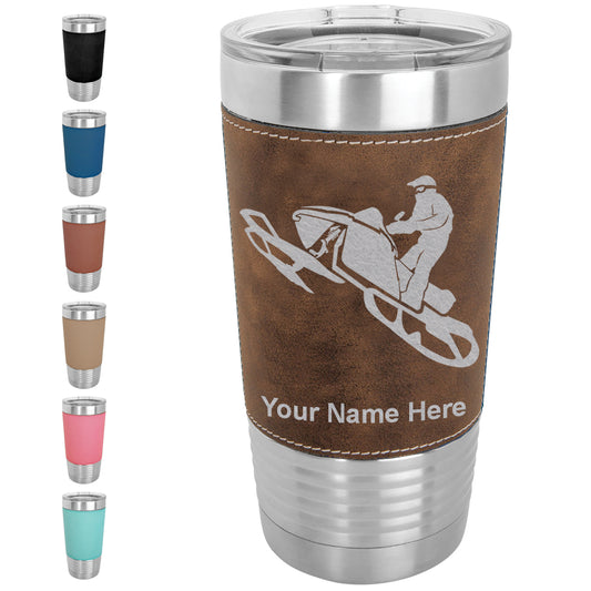 20oz Faux Leather Tumbler Mug, Snowmobile, Personalized Engraving Included - LaserGram Custom Engraved Gifts