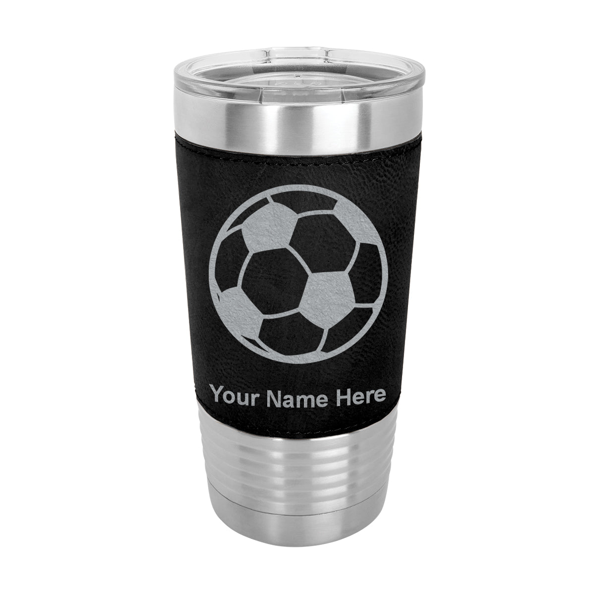 20oz Faux Leather Tumbler Mug, Soccer Ball, Personalized Engraving Included - LaserGram Custom Engraved Gifts