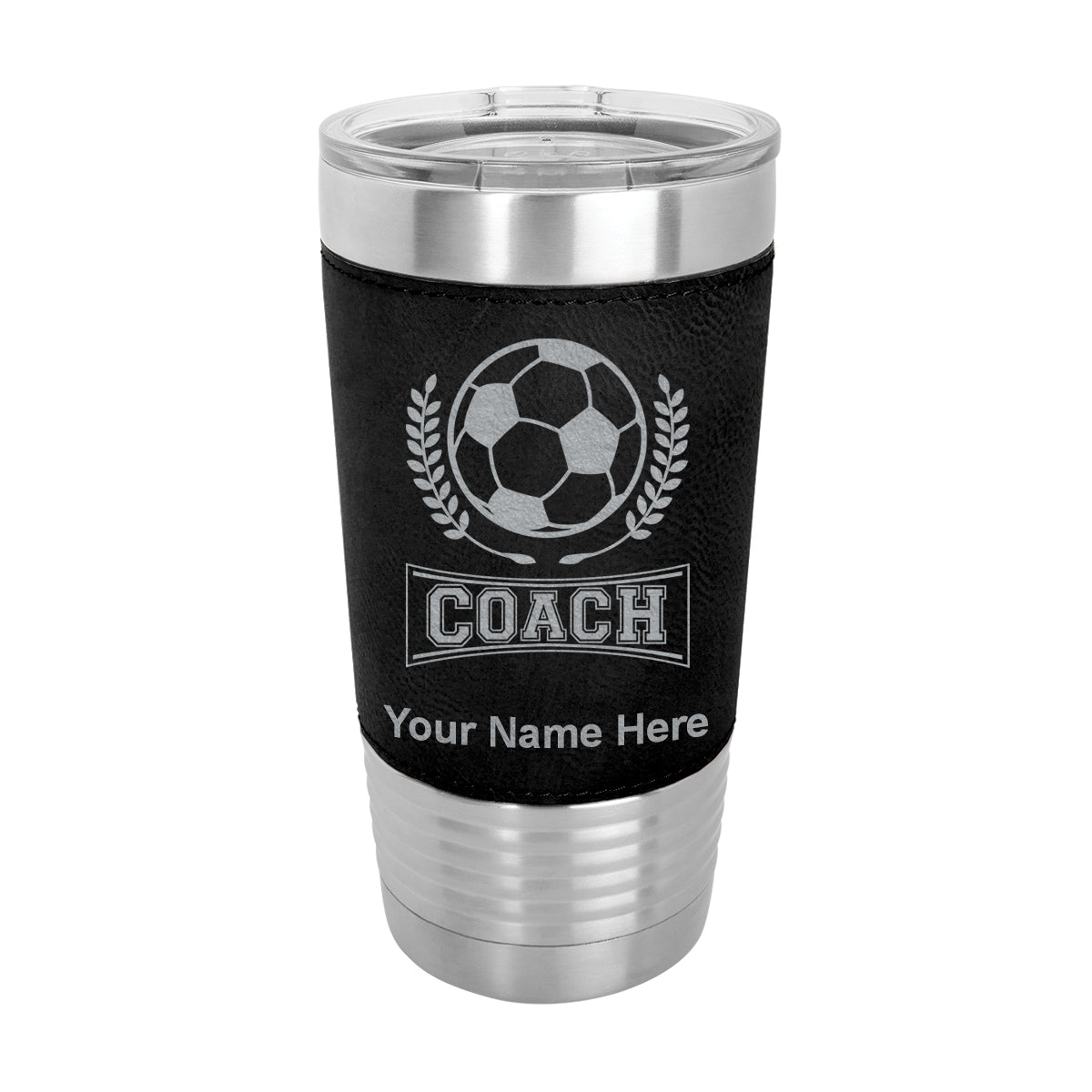 20oz Faux Leather Tumbler Mug, Soccer Coach, Personalized Engraving Included