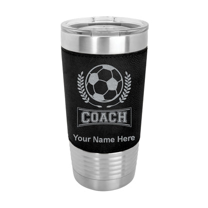 20oz Faux Leather Tumbler Mug, Soccer Coach, Personalized Engraving Included