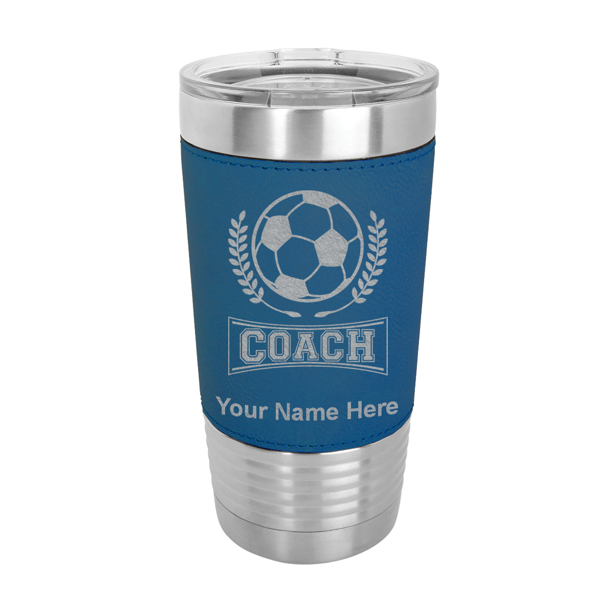 20oz Faux Leather Tumbler Mug, Soccer Coach, Personalized Engraving Included