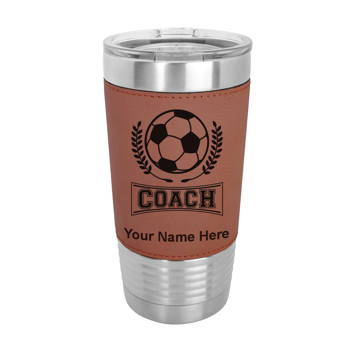 20oz Faux Leather Tumbler Mug, Soccer Coach, Personalized Engraving Included
