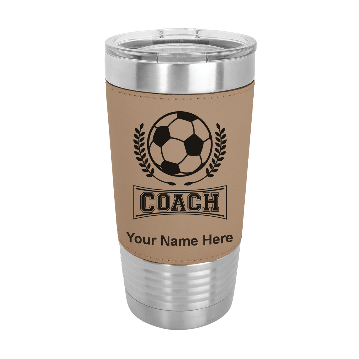 20oz Faux Leather Tumbler Mug, Soccer Coach, Personalized Engraving Included