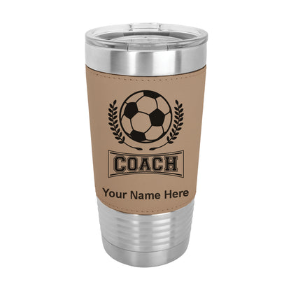 20oz Faux Leather Tumbler Mug, Soccer Coach, Personalized Engraving Included