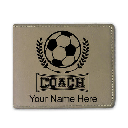 Faux Leather Bi-Fold Wallet, Soccer Coach, Personalized Engraving Included
