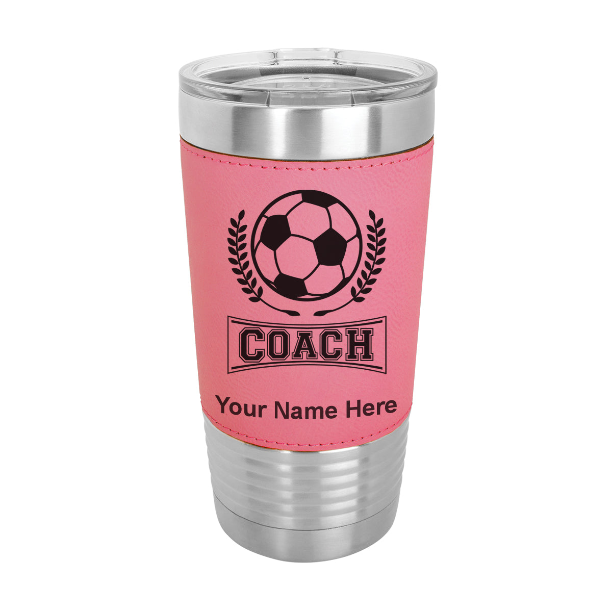 20oz Faux Leather Tumbler Mug, Soccer Coach, Personalized Engraving Included