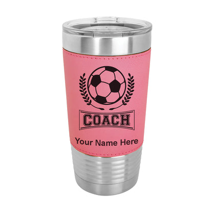 20oz Faux Leather Tumbler Mug, Soccer Coach, Personalized Engraving Included
