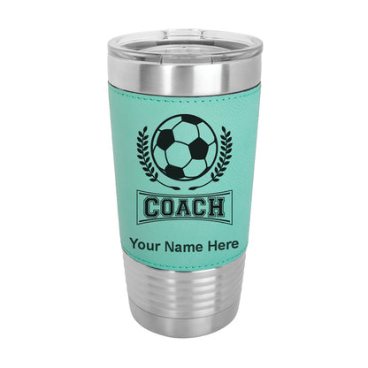 20oz Faux Leather Tumbler Mug, Soccer Coach, Personalized Engraving Included