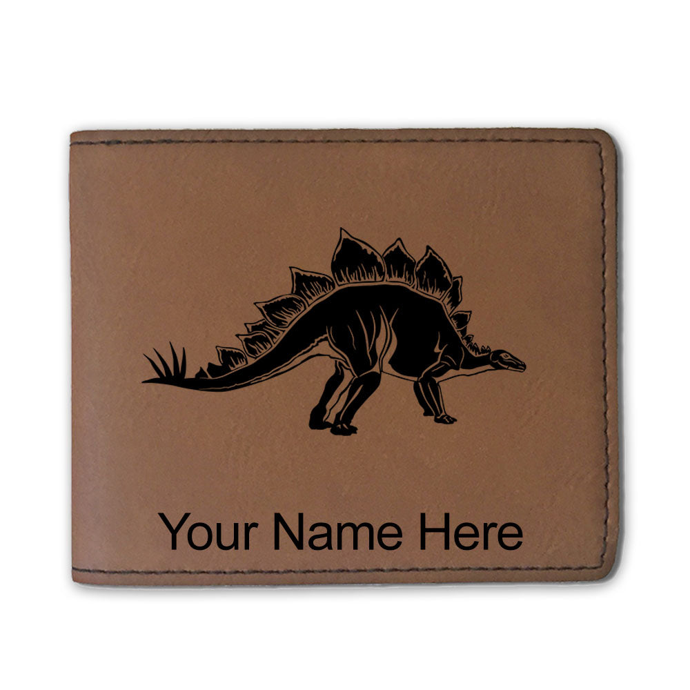 Faux Leather Bi-Fold Wallet, Stegosaurus Dinosaur, Personalized Engraving Included