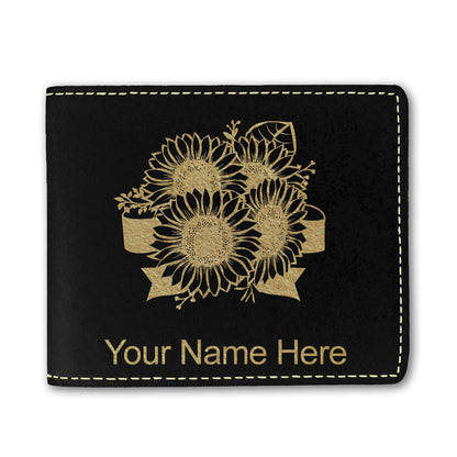 Faux Leather Bi-Fold Wallet, Sunflowers, Personalized Engraving Included