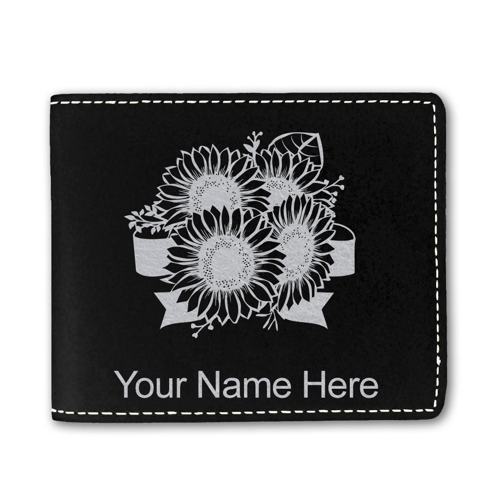 Faux Leather Bi-Fold Wallet, Sunflowers, Personalized Engraving Included