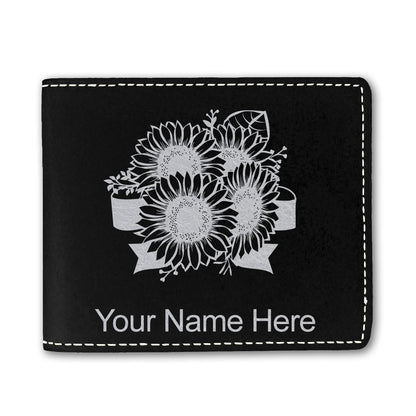 Faux Leather Bi-Fold Wallet, Sunflowers, Personalized Engraving Included