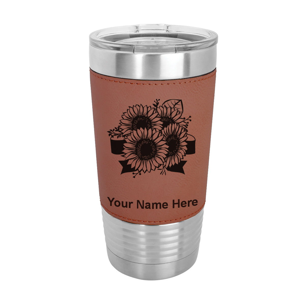 20oz Faux Leather Tumbler Mug, Sunflowers, Personalized Engraving Included