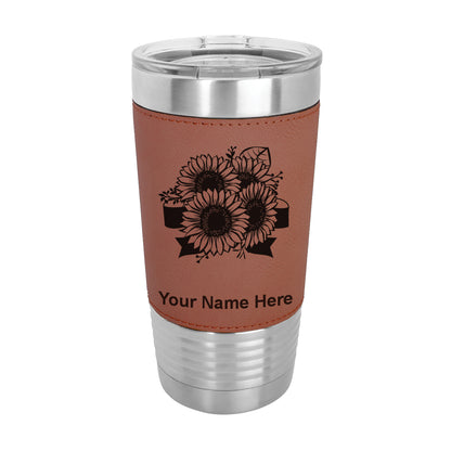 20oz Faux Leather Tumbler Mug, Sunflowers, Personalized Engraving Included