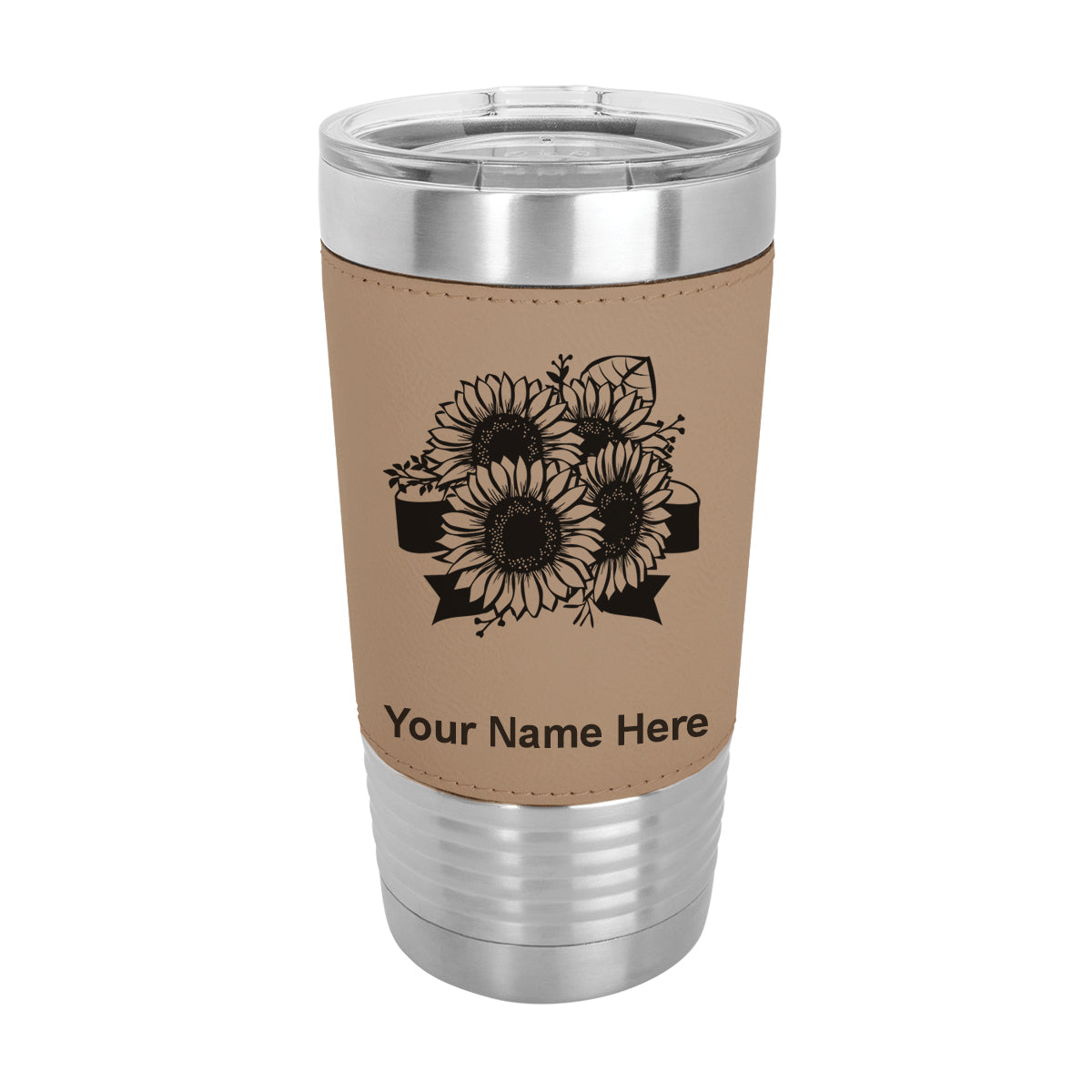 20oz Faux Leather Tumbler Mug, Sunflowers, Personalized Engraving Included