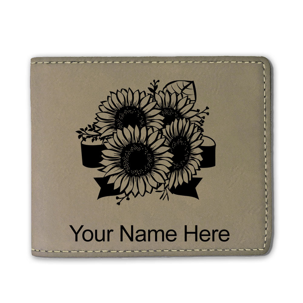 Faux Leather Bi-Fold Wallet, Sunflowers, Personalized Engraving Included