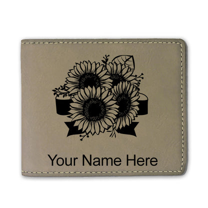 Faux Leather Bi-Fold Wallet, Sunflowers, Personalized Engraving Included