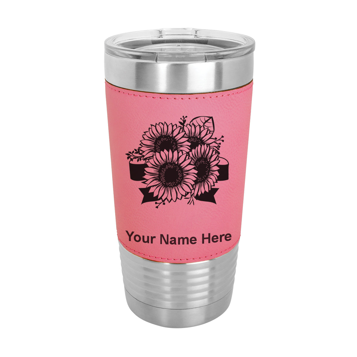 20oz Faux Leather Tumbler Mug, Sunflowers, Personalized Engraving Included
