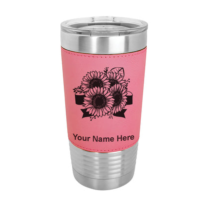 20oz Faux Leather Tumbler Mug, Sunflowers, Personalized Engraving Included