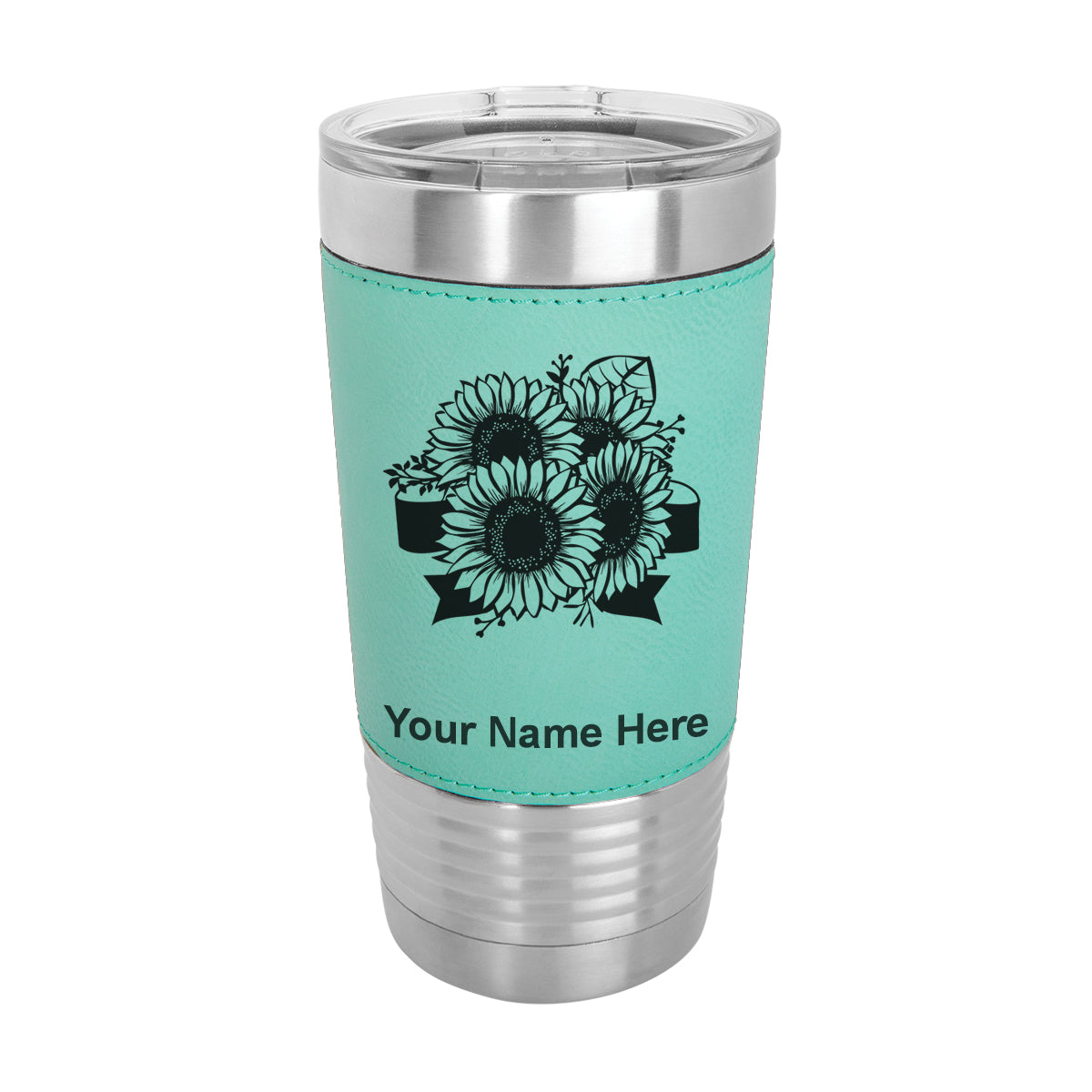 20oz Faux Leather Tumbler Mug, Sunflowers, Personalized Engraving Included