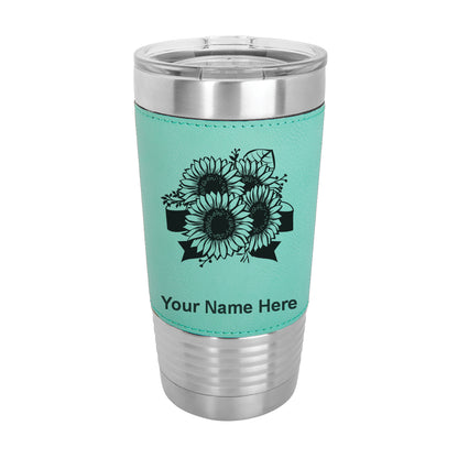 20oz Faux Leather Tumbler Mug, Sunflowers, Personalized Engraving Included