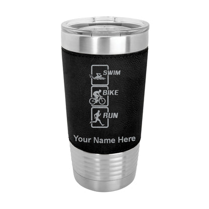 20oz Faux Leather Tumbler Mug, Swim Bike Run Vertical, Personalized Engraving Included