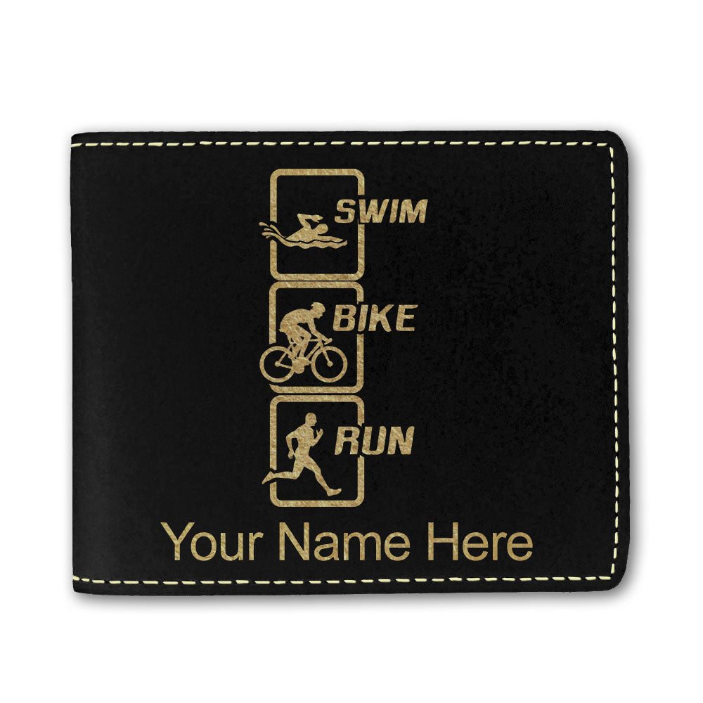 Faux Leather Bi-Fold Wallet, Swim Bike Run Vertical, Personalized Engraving Included