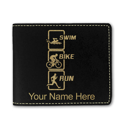 Faux Leather Bi-Fold Wallet, Swim Bike Run Vertical, Personalized Engraving Included