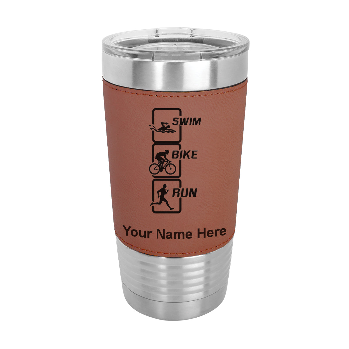 20oz Faux Leather Tumbler Mug, Swim Bike Run Vertical, Personalized Engraving Included