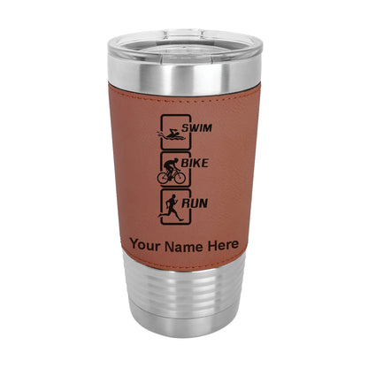 20oz Faux Leather Tumbler Mug, Swim Bike Run Vertical, Personalized Engraving Included