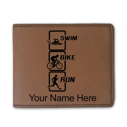 Faux Leather Bi-Fold Wallet, Swim Bike Run Vertical, Personalized Engraving Included
