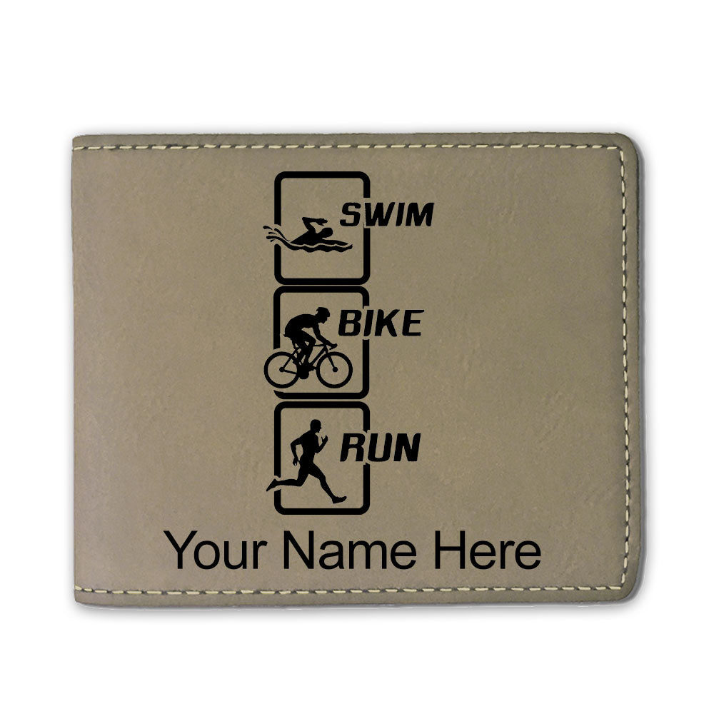 Faux Leather Bi-Fold Wallet, Swim Bike Run Vertical, Personalized Engraving Included