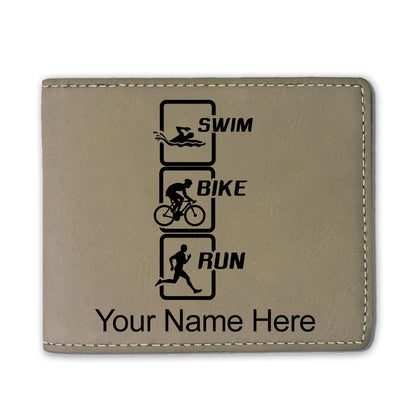 Faux Leather Bi-Fold Wallet, Swim Bike Run Vertical, Personalized Engraving Included