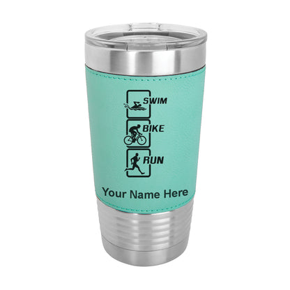 20oz Faux Leather Tumbler Mug, Swim Bike Run Vertical, Personalized Engraving Included