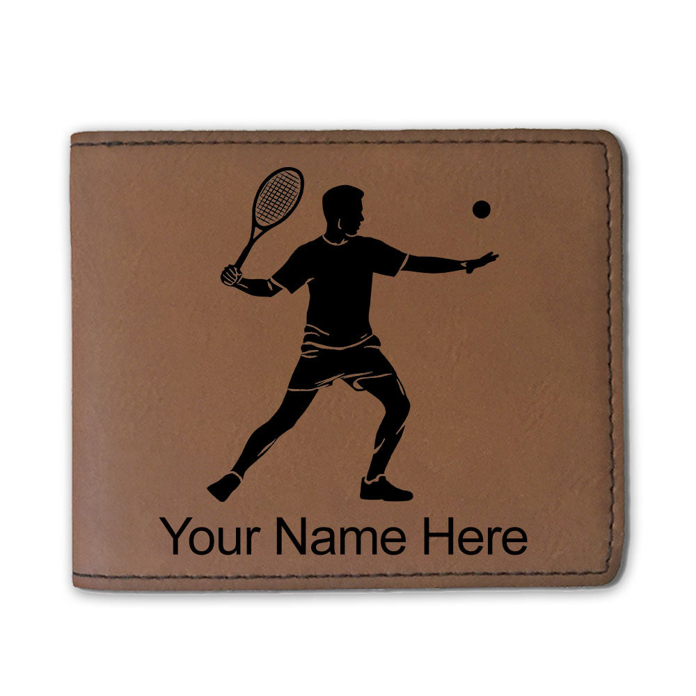 Faux Leather Bi-Fold Wallet, Tennis Player Man, Personalized Engraving Included