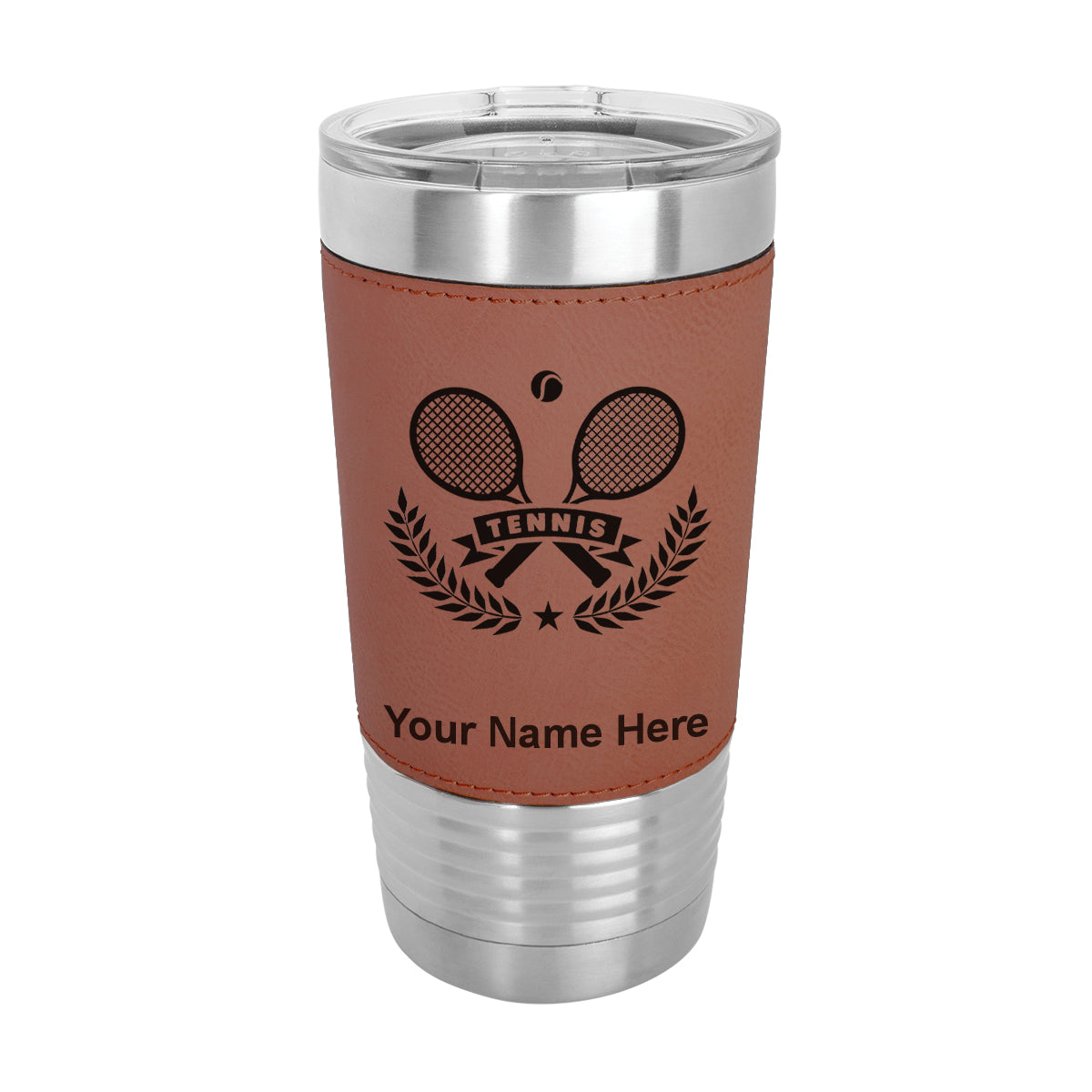 20oz Faux Leather Tumbler Mug, Tennis Rackets, Personalized Engraving Included