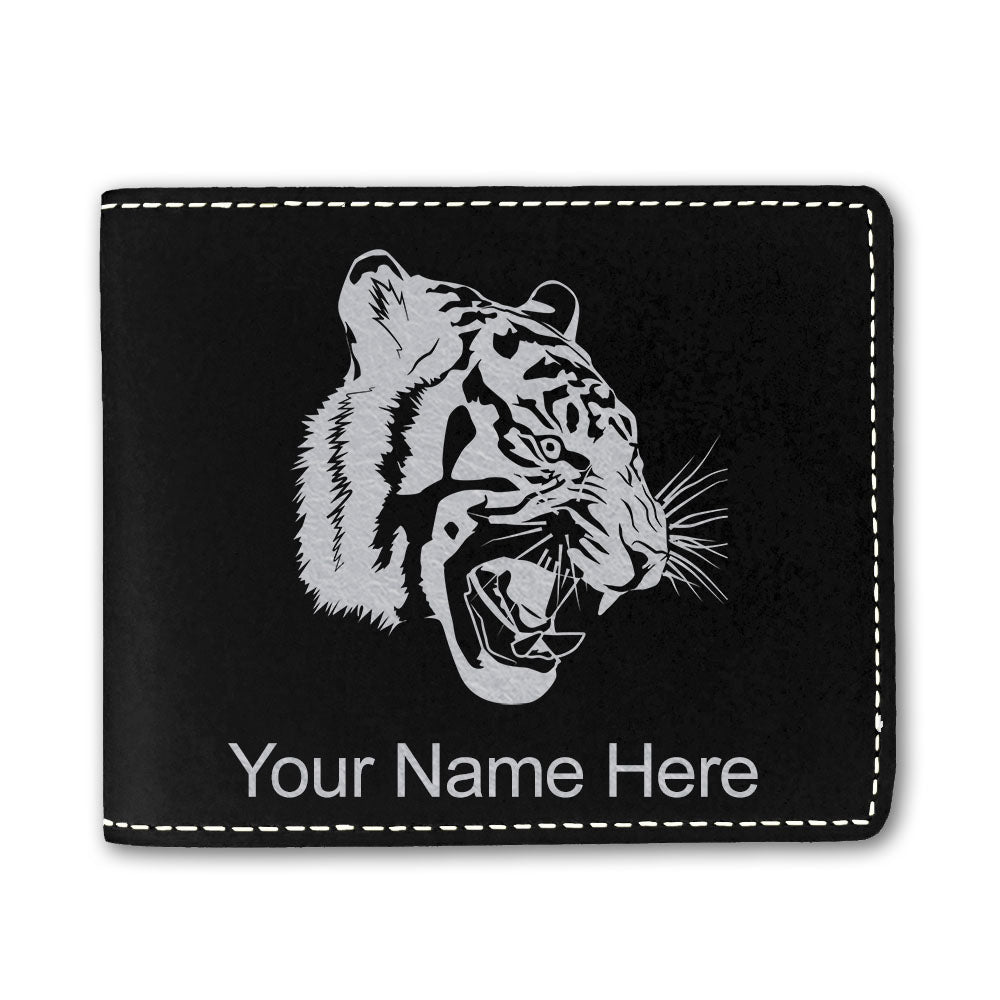 Faux Leather Bi-Fold Wallet, Tiger Head, Personalized Engraving Included