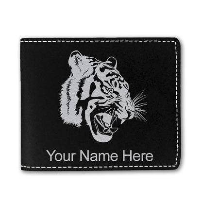 Faux Leather Bi-Fold Wallet, Tiger Head, Personalized Engraving Included
