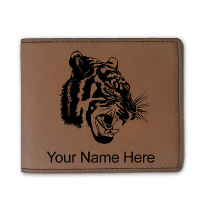 Faux Leather Bi-Fold Wallet, Tiger Head, Personalized Engraving Included