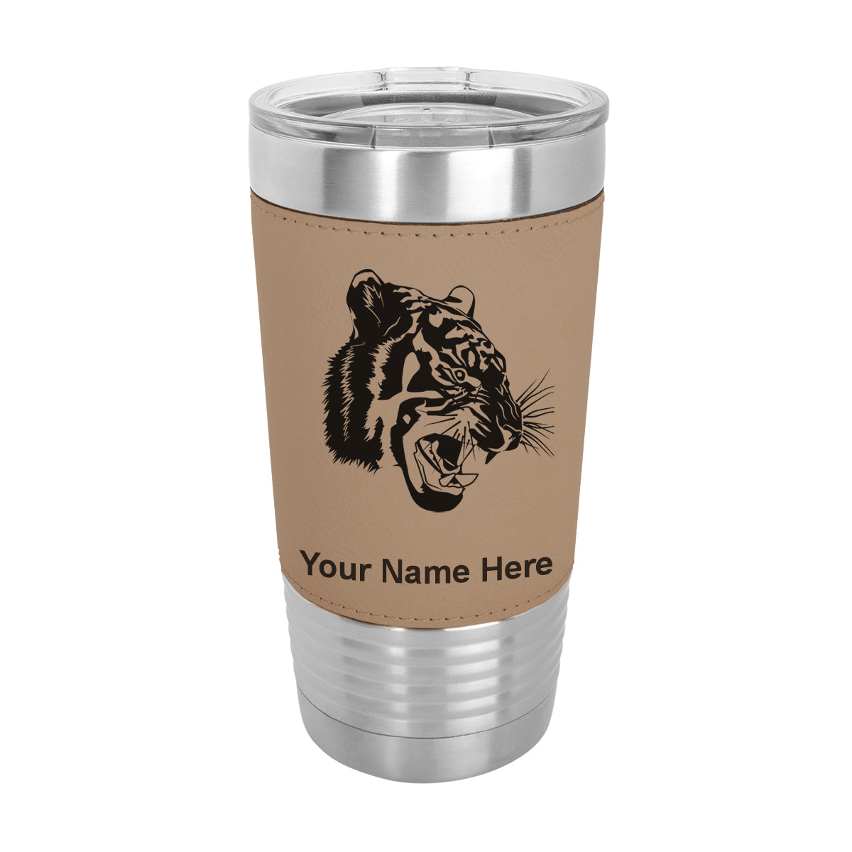 20oz Faux Leather Tumbler Mug, Tiger Head, Personalized Engraving Included
