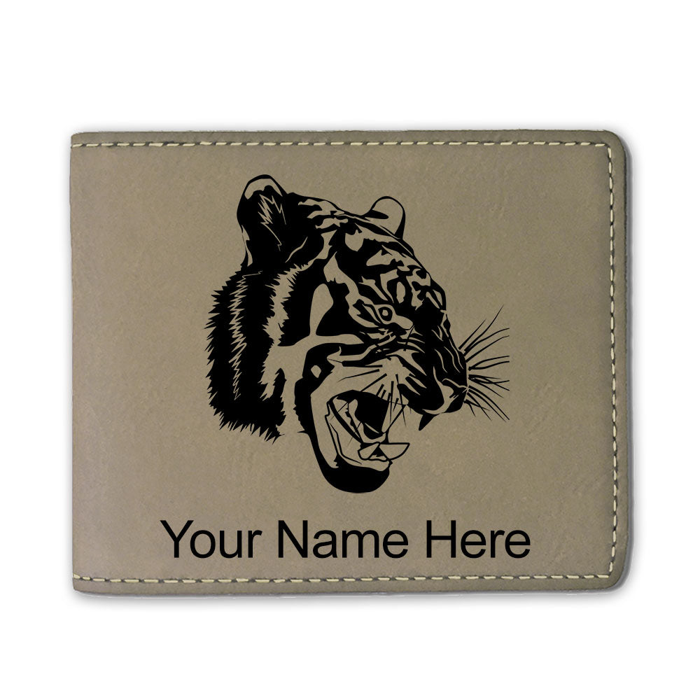 Faux Leather Bi-Fold Wallet, Tiger Head, Personalized Engraving Included