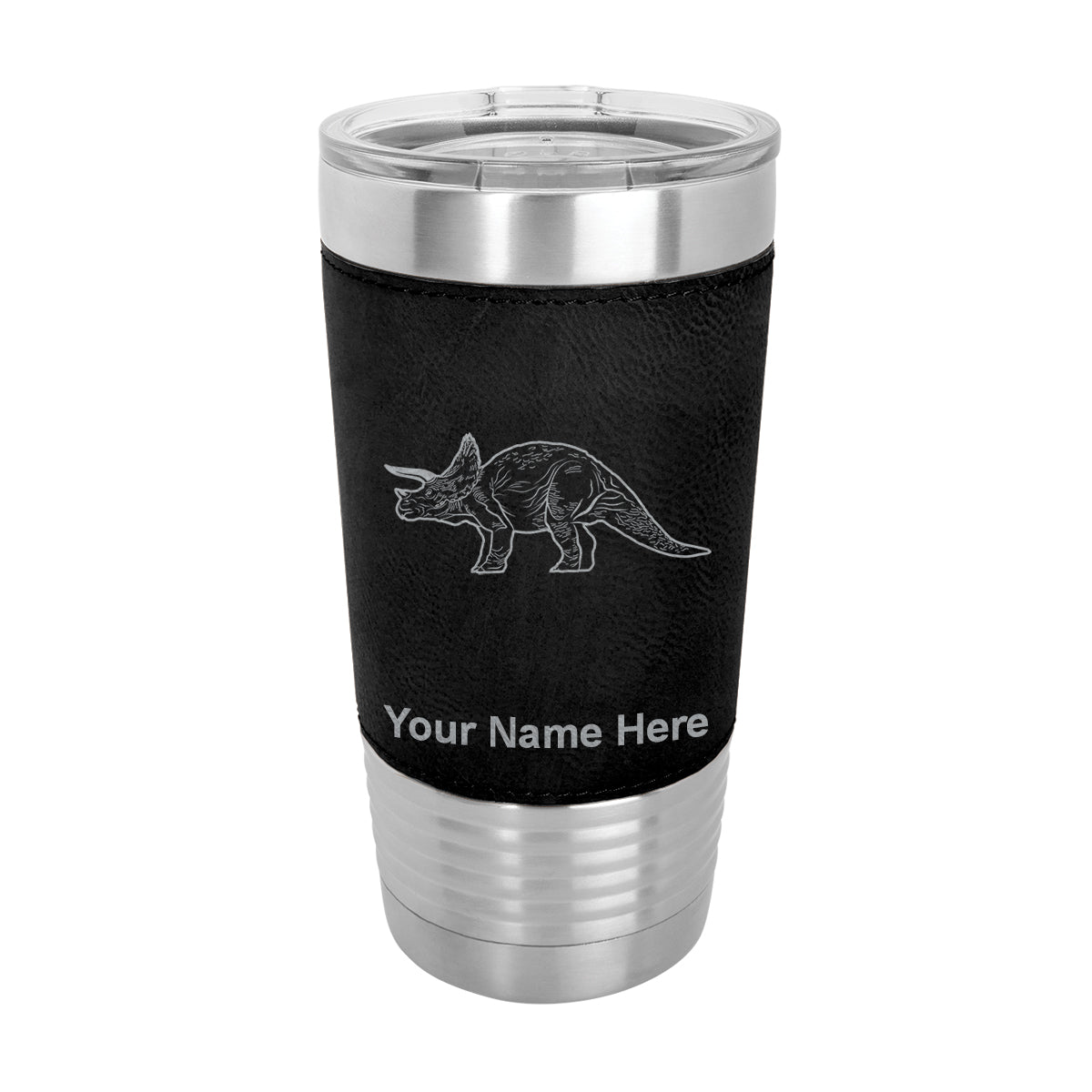 20oz Faux Leather Tumbler Mug, Triceratops Dinosaur, Personalized Engraving Included