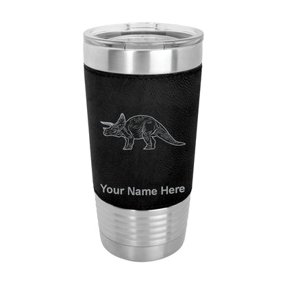 20oz Faux Leather Tumbler Mug, Triceratops Dinosaur, Personalized Engraving Included