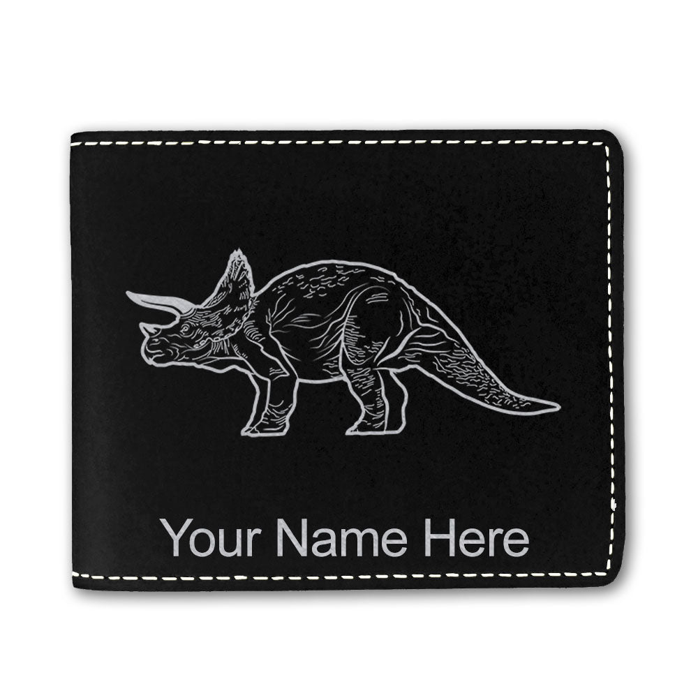 Faux Leather Bi-Fold Wallet, Triceratops Dinosaur, Personalized Engraving Included