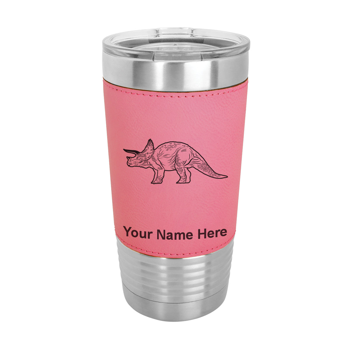 20oz Faux Leather Tumbler Mug, Triceratops Dinosaur, Personalized Engraving Included