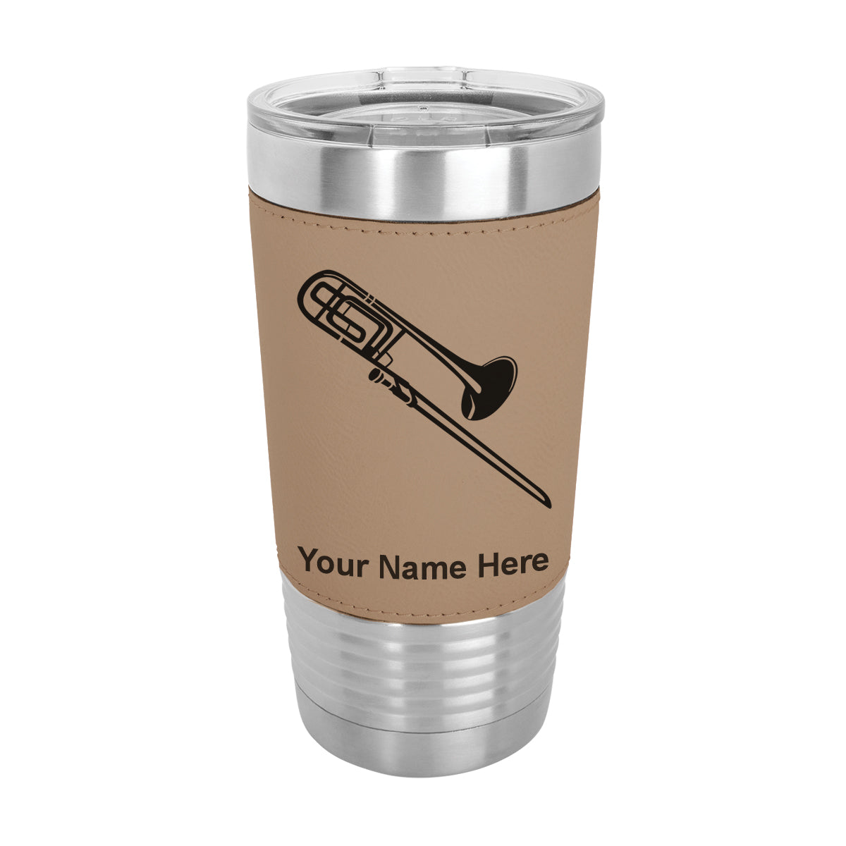 20oz Faux Leather Tumbler Mug, Trombone, Personalized Engraving Included