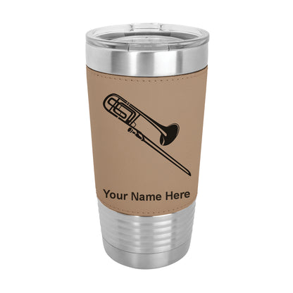 20oz Faux Leather Tumbler Mug, Trombone, Personalized Engraving Included