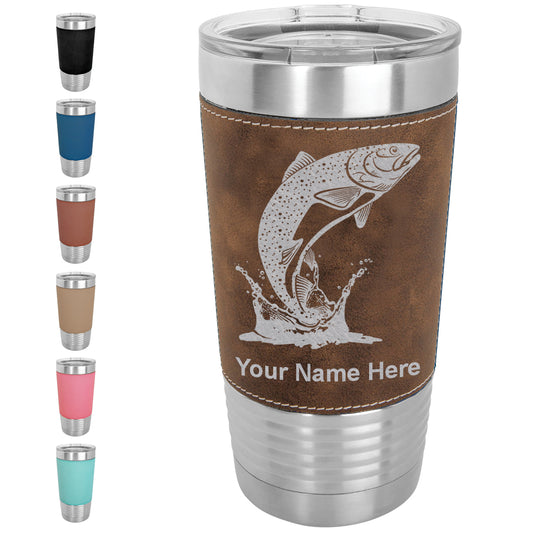 20oz Faux Leather Tumbler Mug, Trout Fish, Personalized Engraving Included